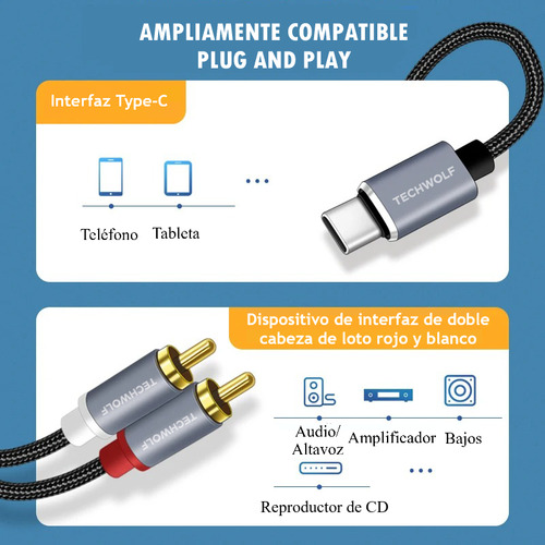 Cable De Audio Auxiliar Type C A 2 Rca 1.2m, Cable Rca Audio Auxiliar Techwolf Con Chip Dac 24bit/96khz Color Gris Para Teléfonos, Mp3, Tabletas, Parlantes, Tv Inteligente Y Pc