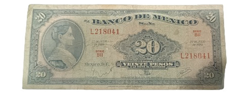  Billete  Antiguo 20 Pesos, 1970. La Corregidora. 