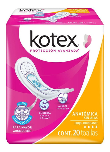 Toallas Femeninas Kotex Anatómica Sin Alas 20 Toallas