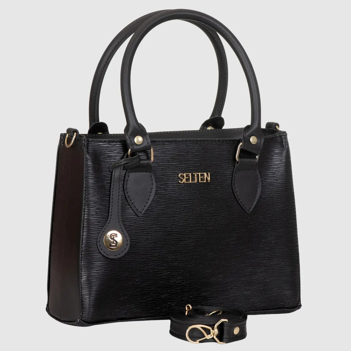 Bolsa Feminina Transversal E De Mão Media Tiracolo Acambamento dos ferragens Ouro Cor Preto Desenho do tecido Lisa