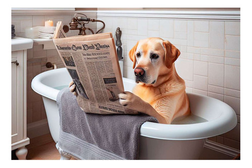 Vinilo 60x90cm Labrador Leyendo El Diario En El Baño