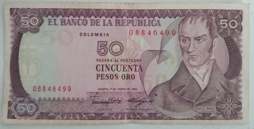 Billete Colombiano 50 Pesos Oro 1986