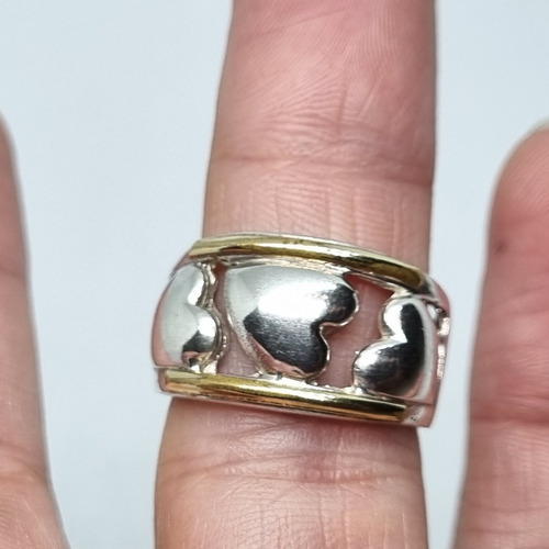 Imagen 2 de 6 de Anillo Plata Y Oro 3 Corazones