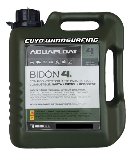 Bidón Chato Plástico Combustible 4 L C/ Pico Aquafloat + Cuo