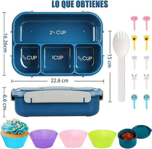 Lonchera Bento 1300ml Con 4 Compartimentos Y Cubiertos