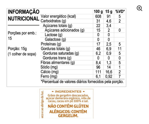 Tahine Com Cacau Nibs 100% 220 Sesamo Real