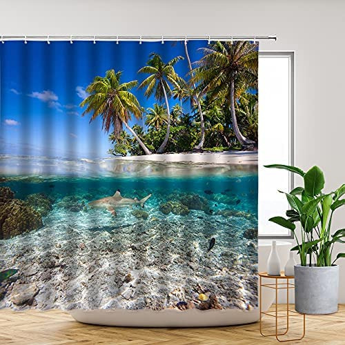 V Cortina De Ducha Ccnstms Tropical Ocean Beach Palm Tree Tr