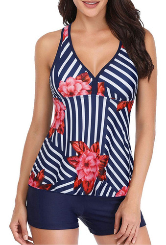 Conjunto Tankini Estampado Conservador Con Tirantes Y Espald