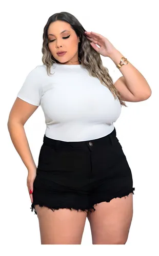 Short Feminino Plus Size Jeans Preto Enrugado Cintura Alta