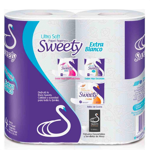 Imagen 2 de 7 de Papel Higienico Sweety Doble Hoja Extra Blanco X4 Rollos