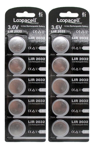 10 Loopacell Lir2032 Lithium Rechargeable 3.6v Coin Cel...