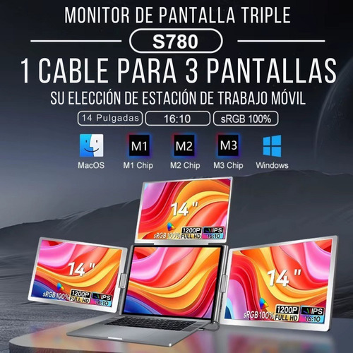 Mr. Gadgets Triple Monitor Portatil Para Laptop 14 Pulgadas, Modelo S780, 16:10 1200p, Ips, Usb C, Usb A, 1 Cable 3 Pantallas, On The Desk, Srgb 100%, Compatible Con Windows, Mac Os, M1, M2, M3, M4