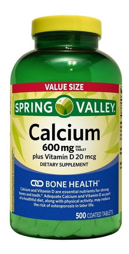 Cálcio 600mg + Vitamina D3 20mcg Spring Valley 500 Comprimid