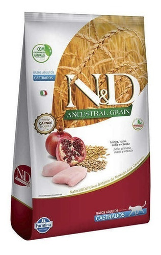 Alimento Natural & Delicious Ancestral Grain Castrados para gato adulto sabor frango e romã em sacola de 7.5kg