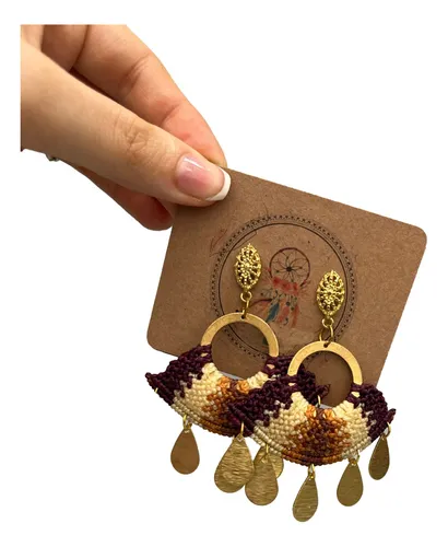 Aros De Macramé Con Base Bañada En Oro Colgantes