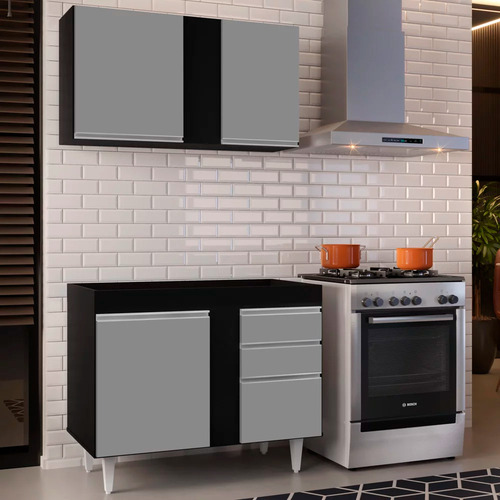 Armário Aéreo E Balcão Cozinha Lavanderia Aurora Preto/cinza