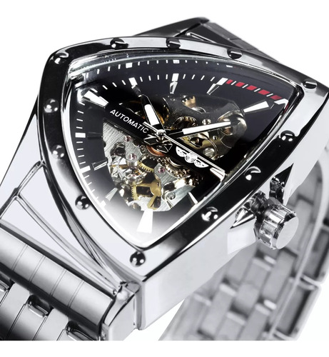 Relógio automático Winner Skeleton para homens, cor da pulseira: prateado/preto