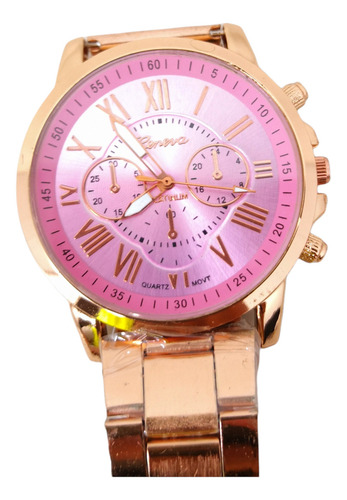 Reloj Dorado Acero Inoxidable Moda Dama Geneva Bisel Rosa