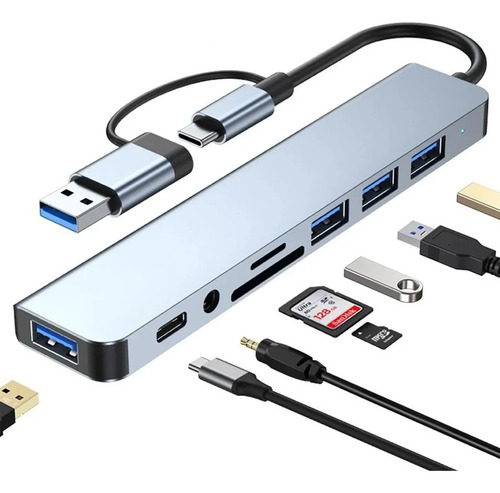 VAKRNY Hub Usb C 8 En 1 Azul Claro, Adaptador Multipuerto Con Usb 3.0, Lector Sd/tf Y Audio 3.5mm, Para Macbook, iPad, Dell, Hp Y Más