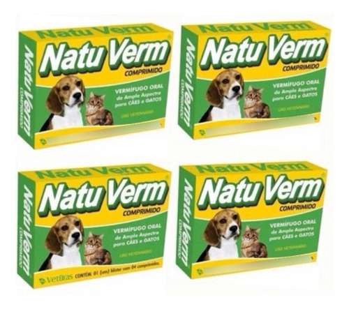 4 Caixas Vermífugo Natuverm Para Cães E Gatos 16 Comprimidos