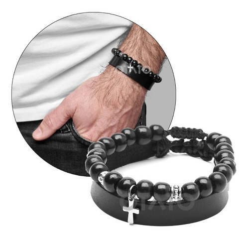 Pulsera Hombre - Pulsera Cuero Genuino - Pulsera Cruz Acero Quirúrgico - Pulseras Conjunto 2 En 1 - Brazalete Hombre  