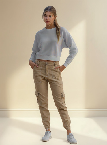 Pantalón Jogger Cargo Mujer Anyver Jeans Denim Camel