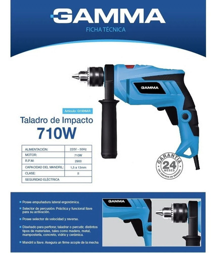 Imagen 3 de 3 de Taladro percutor atornillador eléctrico de 13mm Gamma G1904 710W + accesorio 220V 50Hz