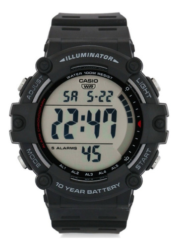 Reloj pulsera Casio Youth AE-1500 de cuerpo color negro, digital, fondo gris, con correa de resina color negro, dial negro, minutero/segundero negro, bisel color negro y plateado, luz ámbar y hebilla simple
