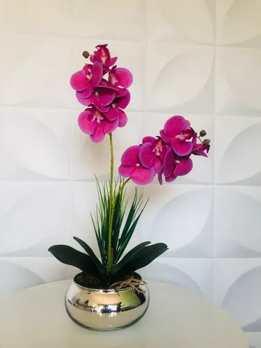 Arranjo De Orquídeas Em Silicone Haste Alta Vaso De Vidro