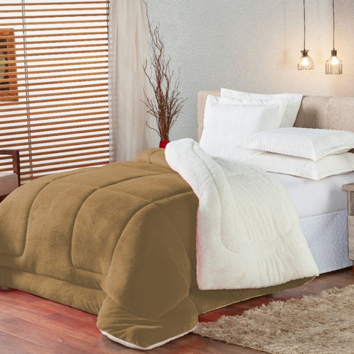 Coberdrom Casal Edredom Sherpa Dupla Face 2,40m X 2,20m Frio Cor Cáqui Armazem Dos Enxovais
