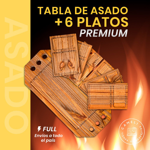Set Picada Asado Tabla Cocina + X6 Platos Parrilla Familiar Set Premium Familiar De Tabla Y 6 Platos Rectangulares Roble Oscuro