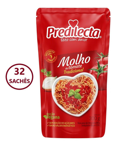 Molho Tomate Tradicional Vegano 300g 32 Sachês Predilecta