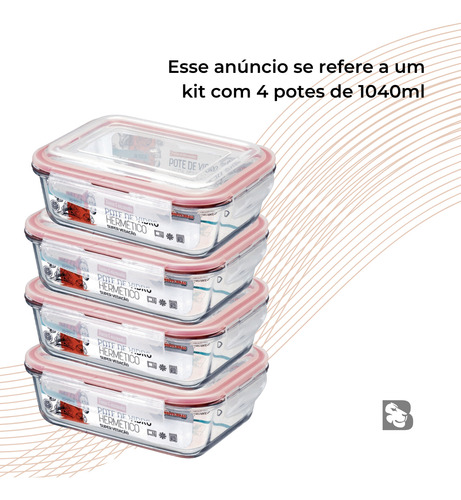 Kit 4 Potes De Vidro Retangular Hermético Com Travas 1040ml