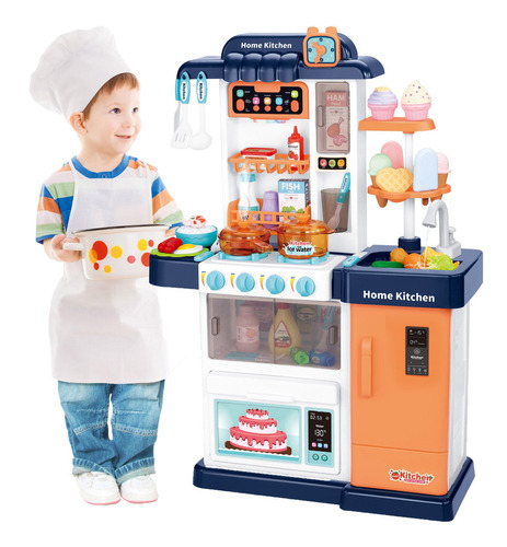 Cozinha Infantil Completa Fogão Geladeira Pia Vapor 76cm Cor Azul