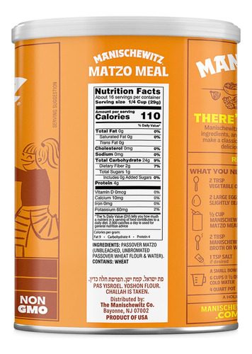 Manischewitz Matzo Meal Kosher Para Pascua, Lata De 16 Oz (p