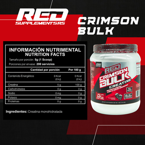 Creatina Monohidratada Crimson Bulk 1 Kg Redline 200 Servs