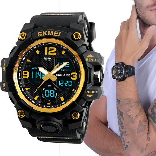 Reloj digital Skmei 1155 y puntero deportivo dorado