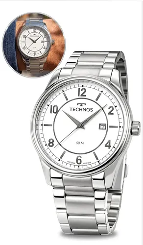 Relógio Technos Masculino De Pulso Analógico Em Aço Calendário Fundo Branco Original