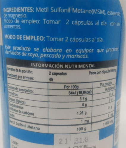   Msm 1000 90 Cápsulas 500 Mg C/u. Opti Sport. Sabor Sin Sabor.