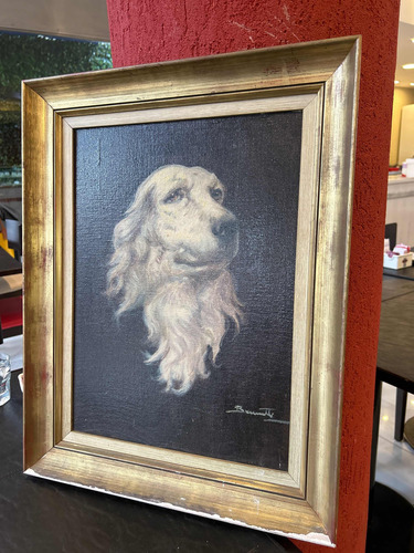 Antiguo Cuadro Retrato Perro En Óleo Firmado Brunetti