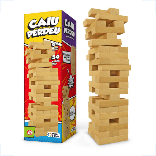 Jogo Caiu Perdeu Torre Madeira Família Amigos 54 Peças Mdf