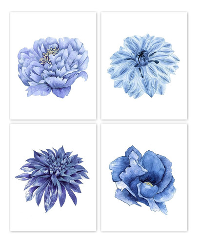  Impresiones Florales Simples De Mezcla Azul, 4 Fotos S...