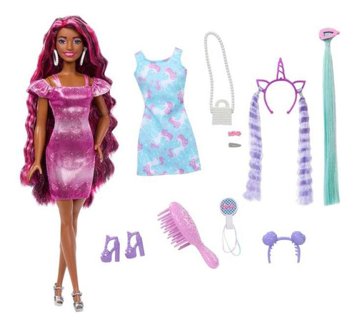 Boneca Barbie Articulada Morena Totalmente Cabelo Neon Violeta com Acessórios - Mattel