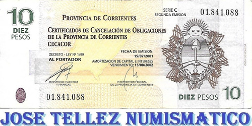Ec# 319 Bono 10 Pesos Corrientes Serie C Ex- Palermo