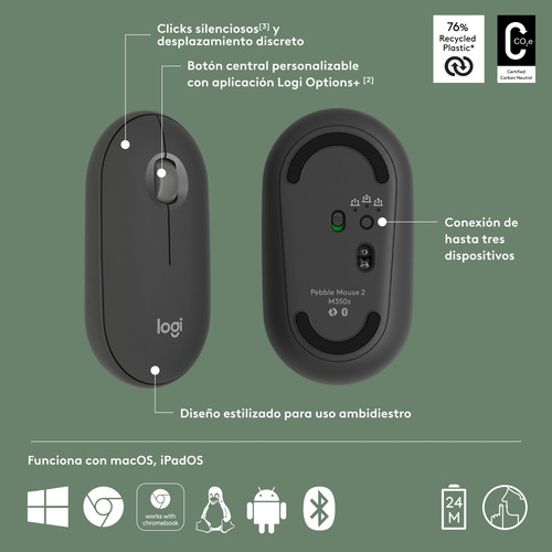 Logitech Pebble Mouse 2 M350s Inalámbrico Bluetooth, Grafito