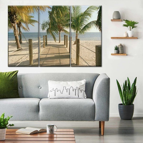 Conjunto De 3 Quadros Praia Calçadão De Sandy Key 60x40 