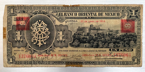 Billete 1 Peso Banco Oriental De Mexico, 1914 (Usado)
