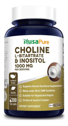 Colina Cholina Choline & Inositol 1000 Mg 200 Capsulas Vegan