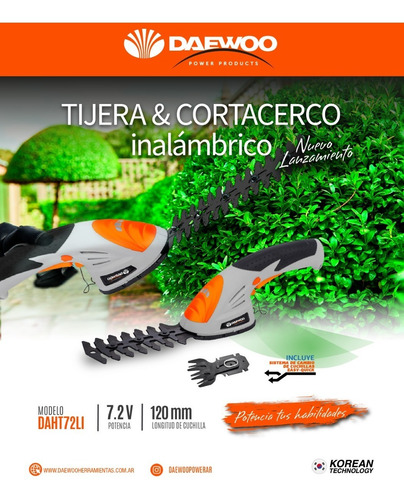 Tijera Cortacerco Inalambrico Daewoo 2 En 1 + Bateria Y Carg