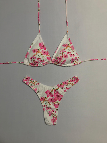 Bikini Malla Estampada Flores Cerezo Con Less En V - Eva